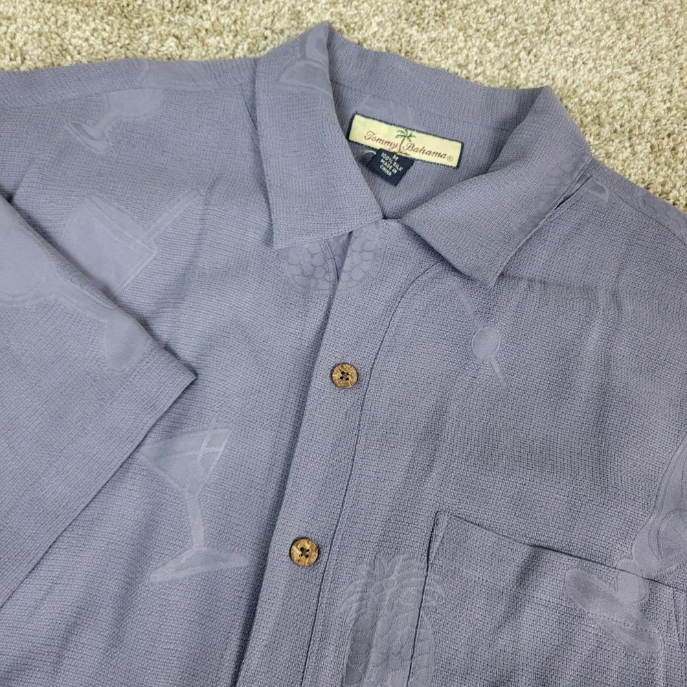 Vintage Tommy Bahama Mens Medium Gray AOP Jacquard Cocktail Hawaiian 100% Silk